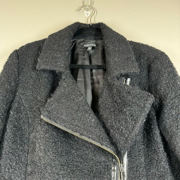 Eileen Fisher Black Suri Alpaca Wool Moto Jacket Zip Up Leather Trim Size Large - Picture 3 of 7